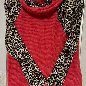 Pink and Black Crew Neck Sweater with Leopard Print